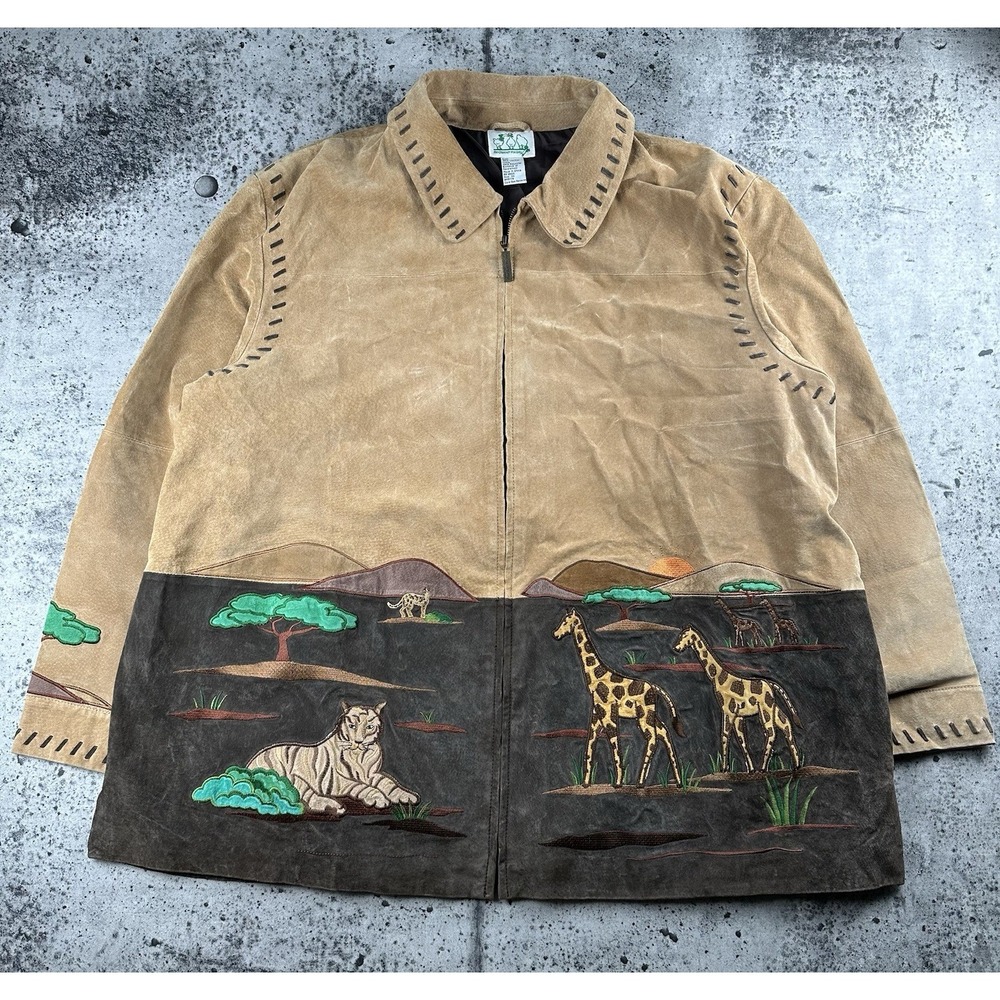 The Quacker‎ Factory Jacket Women 3X Brown Suede Leather Safari Animals Tiger